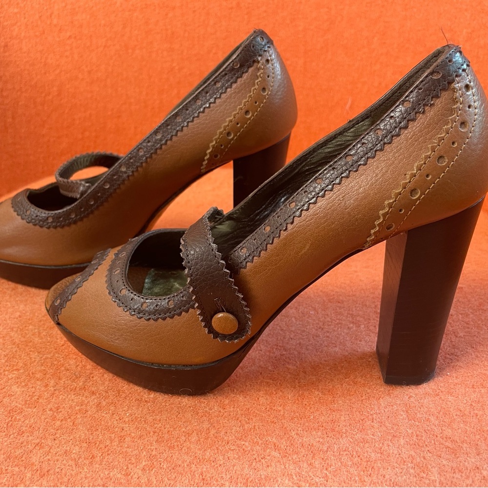 Juicy Couture Tan Leather Mary Jane Platform Y2K Block Heels VTG 90s Italy 6.5. - Picture 3 of 11